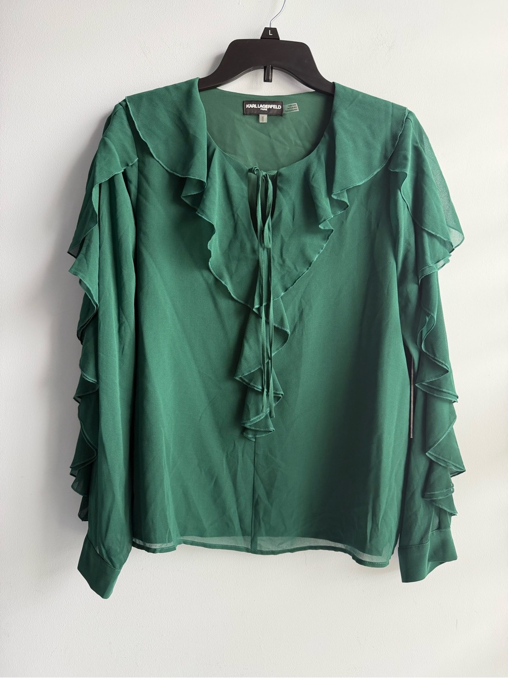 KARL LAGERFELD PARIS Women's Green Long Sheer Sleeve Keyhole Ruffle Top Size Med